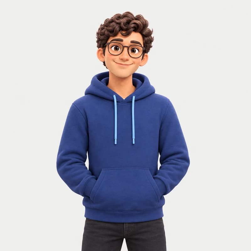 3D-Porträt von Jonas mit Brille und blauem Hoodie