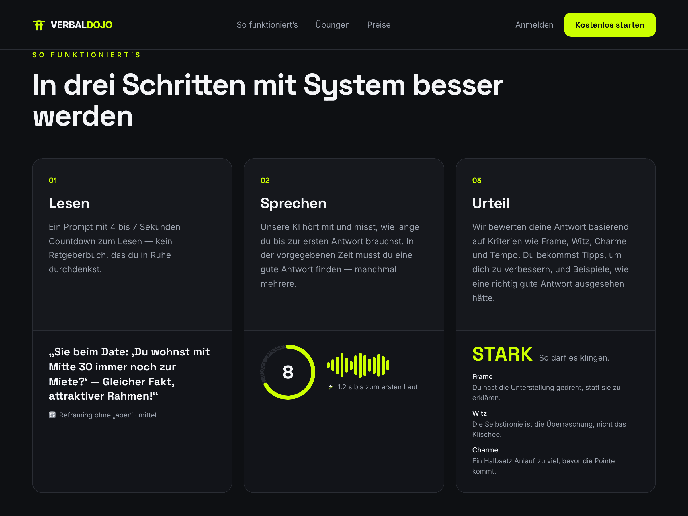 Verbaldojo — die drei Schritte Lesen, Sprechen, Urteil