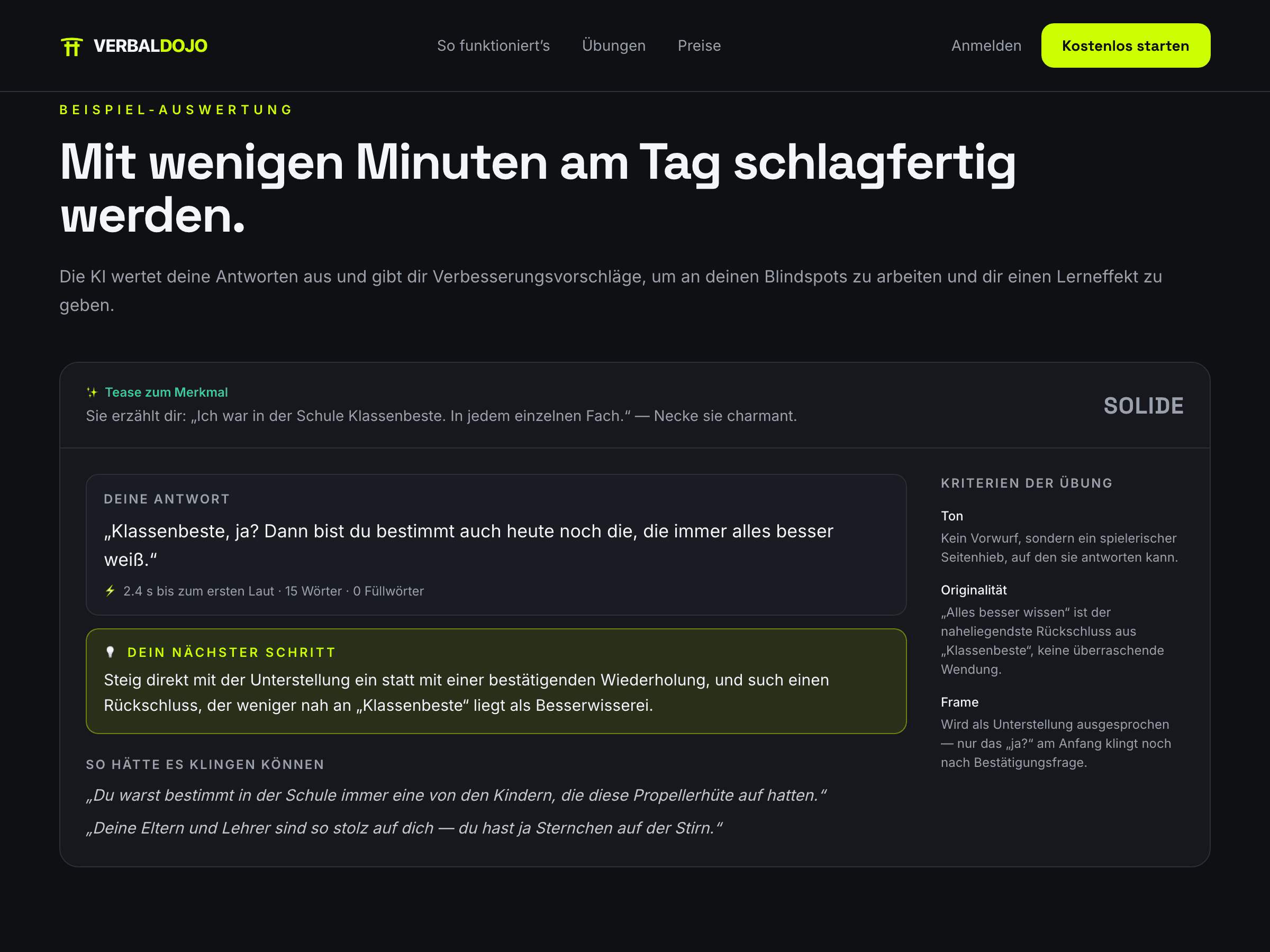 Verbaldojo — Auswertung mit Stufe, Reaktionszeit, Tipp und Kriterien