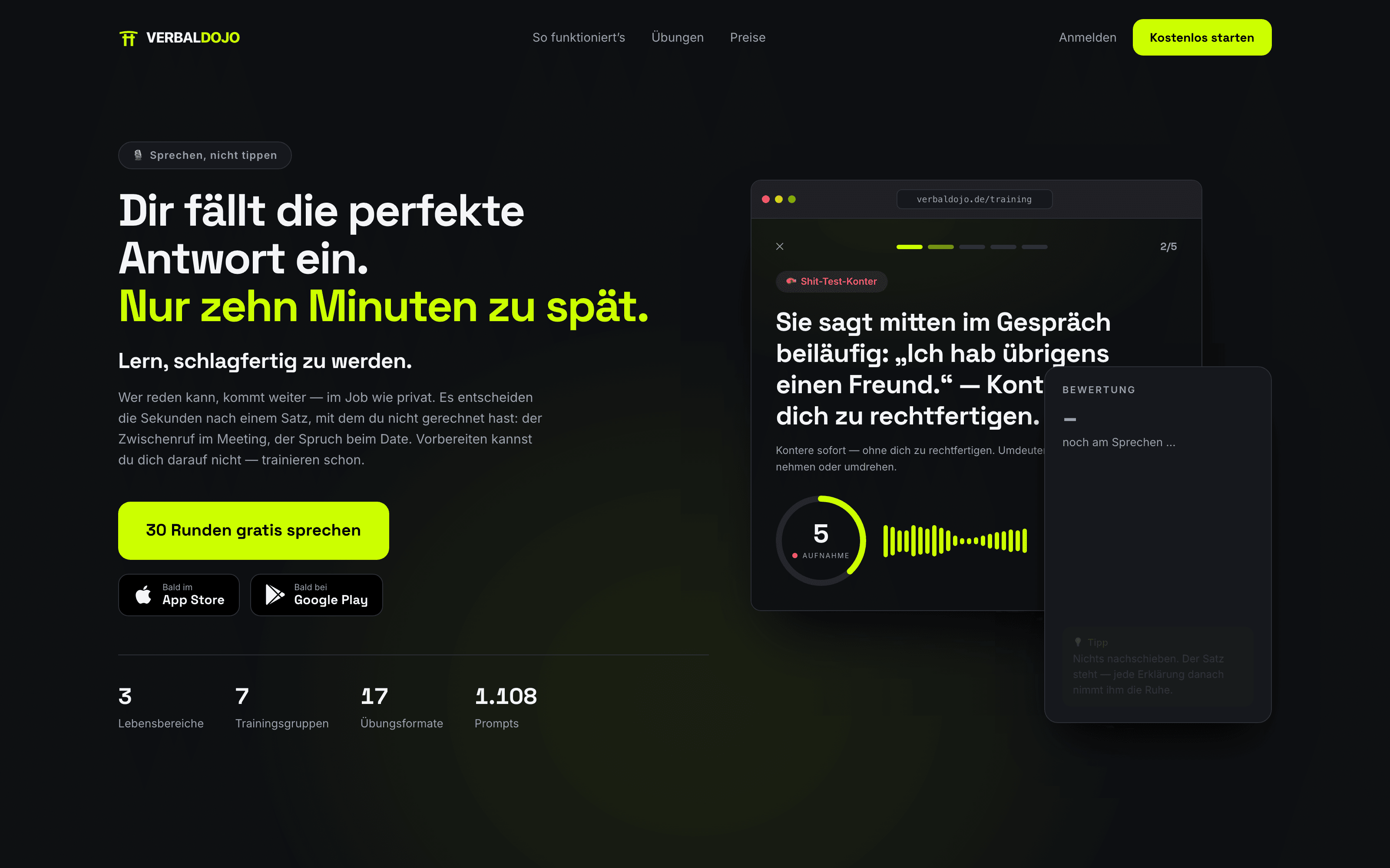 Verbaldojo — Trainingsansicht mit Countdown-Ring und Aussteuerung